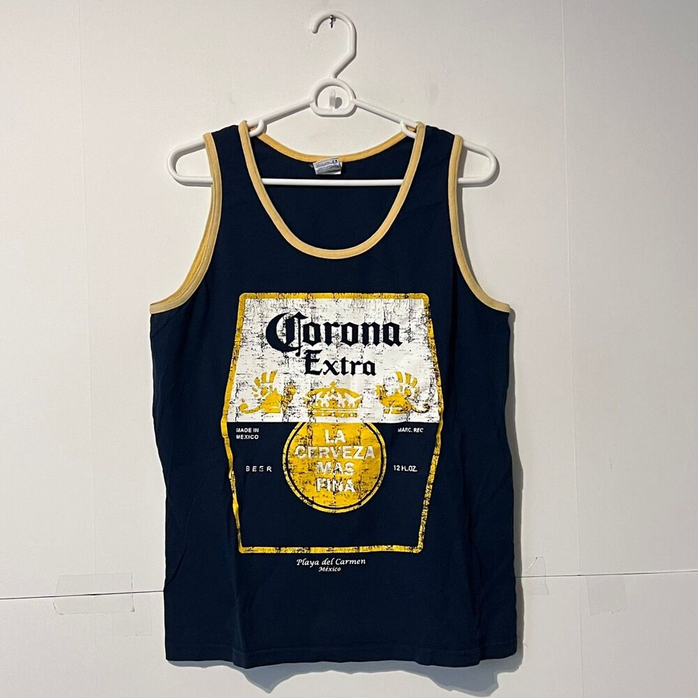 Vintage 00S Corona Mens Muscle T-Shirt Size S Playa Del Carmen Made In Mexico